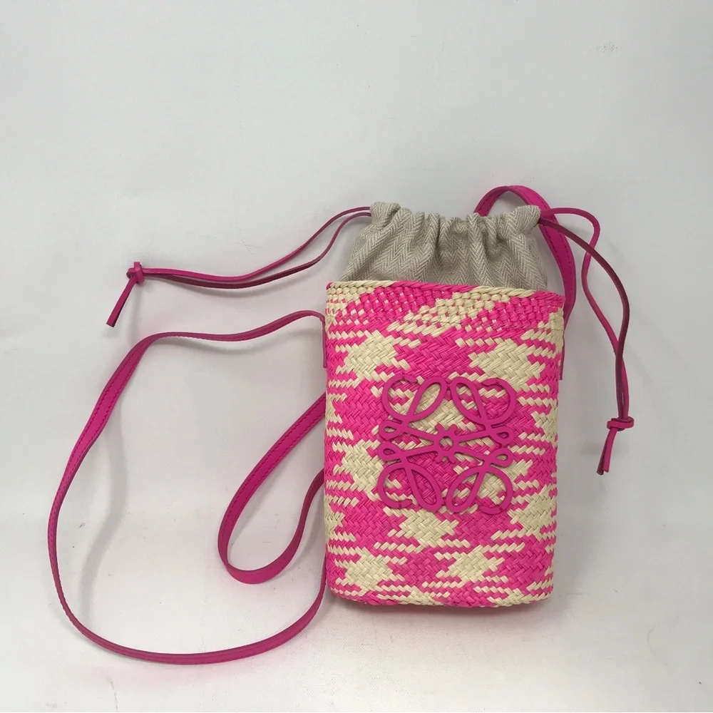 Loewe Raffia Anagram Bucket Bag, OS - Natural/Fuchsia - Pink